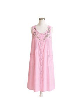 Collections Pink Cotton Nightgown Vtg Embroider Button Front House Dress Pocket